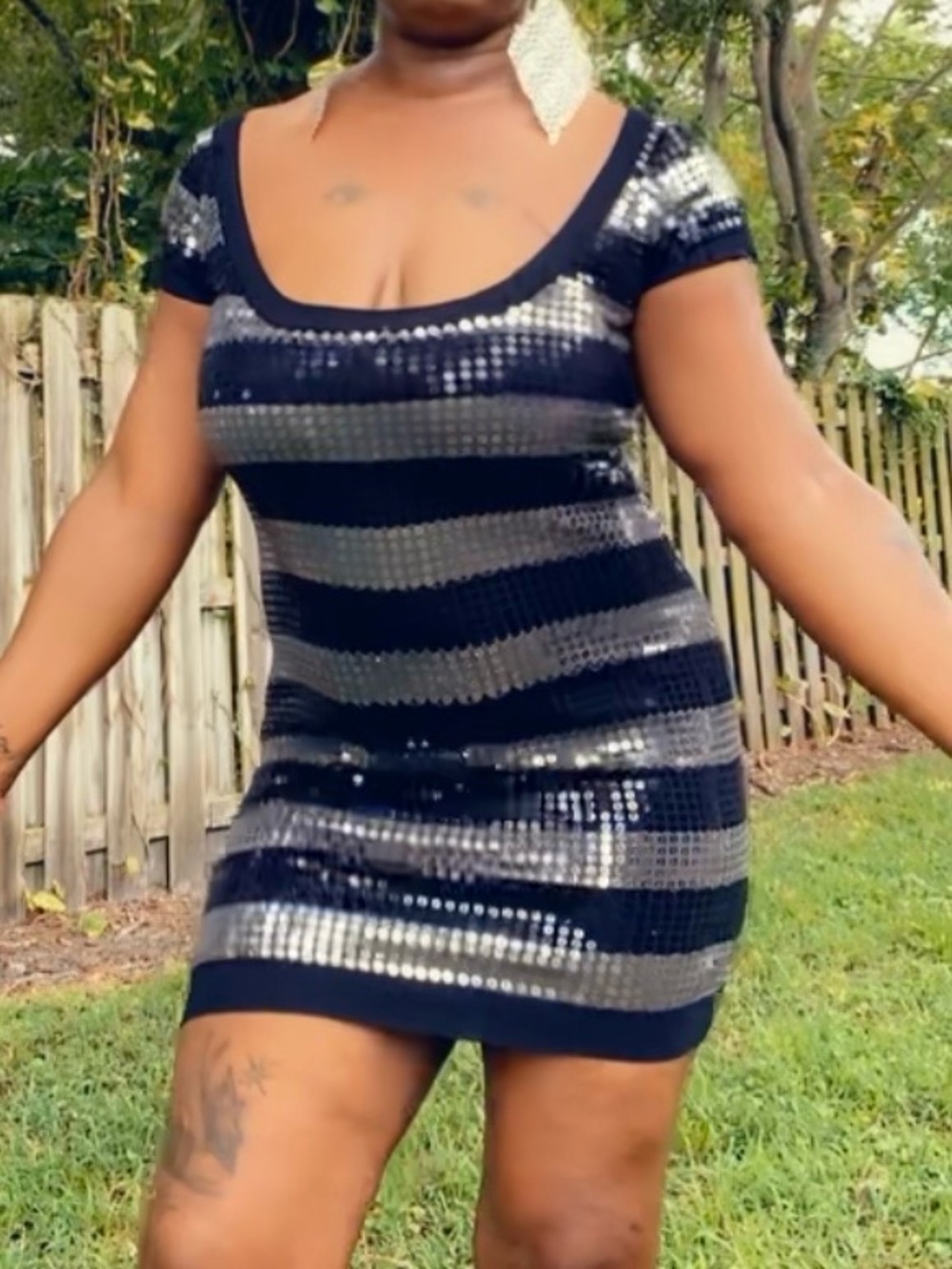 Vintage Black and Silver Sequin Striped Mini Dress